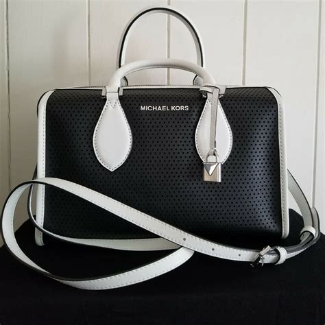 michael kors black and white pattern|Michael Kors black leather tote.